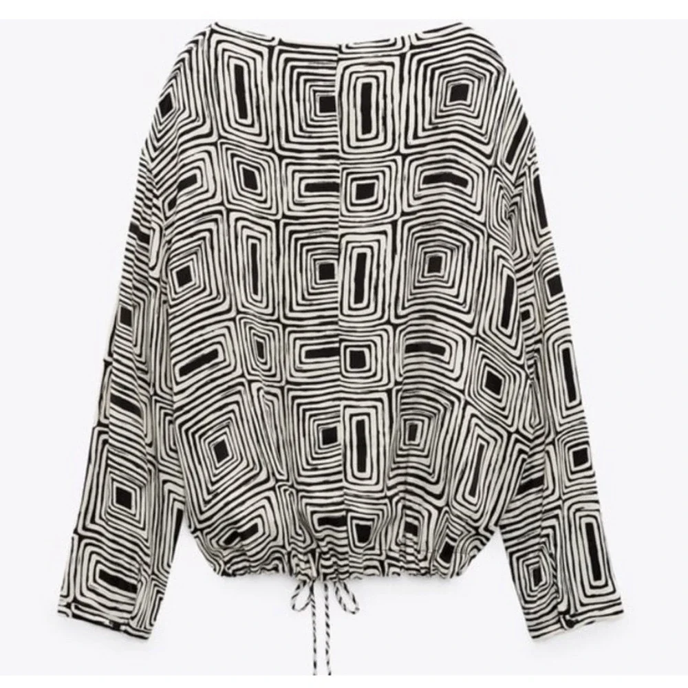NWT ZARA M Blouse‎ Womens Black/Beige Geometric Print Drawstring Casual Office